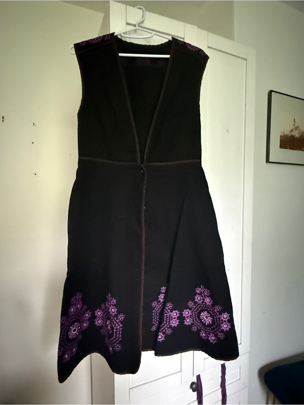 Black tunic dress with Purple Embroidered Hem Slavic Romanian style wool